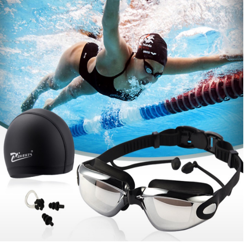 Bộ kính bơi tráng gương cao cấp chống dính nước + mũ + bịt tai 206452