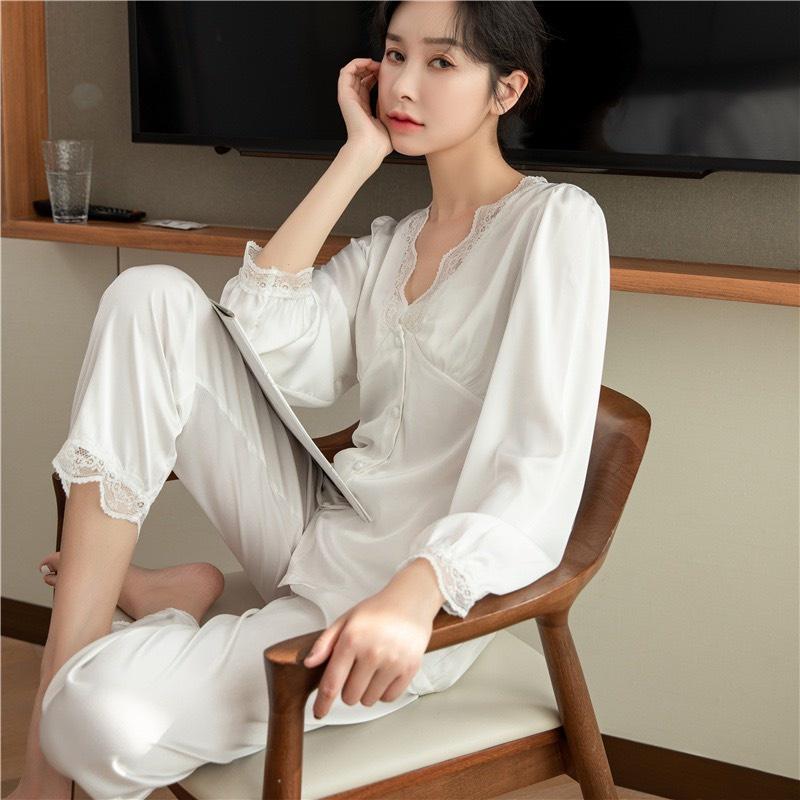 Bô Ngủ Lụa Ren Viền Hàng Quảng Châu - Pyjama Kèm Ảnh Thật