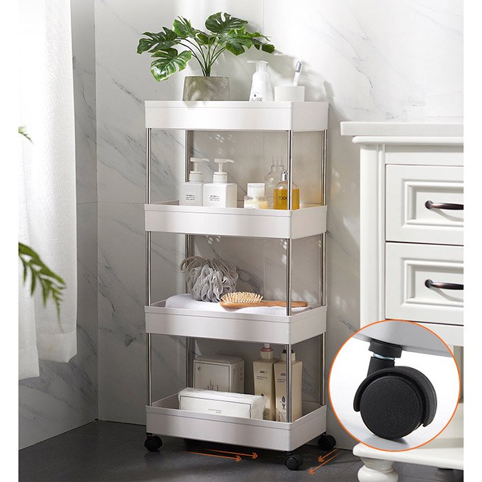 Kệ để đồ dùng đa năng làm từ nhựa PP 4 tầng có bánh xe, có lỗ thoát nước, có 4 móc treo đồ tiện dụng mới 2021 + tặng một tạp dề hoa cúc - Màu ngẫu nhiên