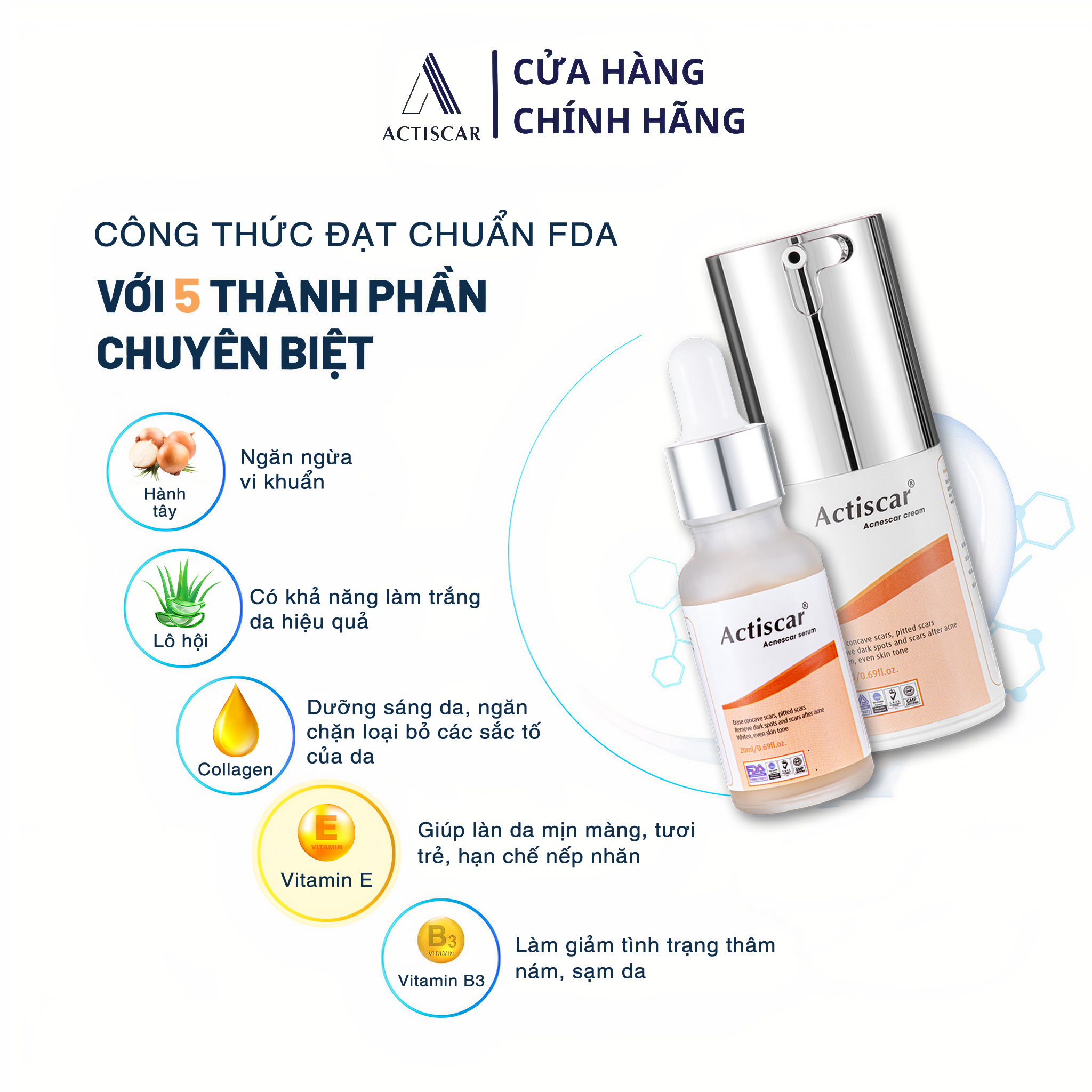 [Combo 2 Màu Cam] Kem Sẹo và Serum Actiscar Hỗ Trợ Xóa Sẹo Lõm, Sẹo Rỗ, Sẹo Thâm