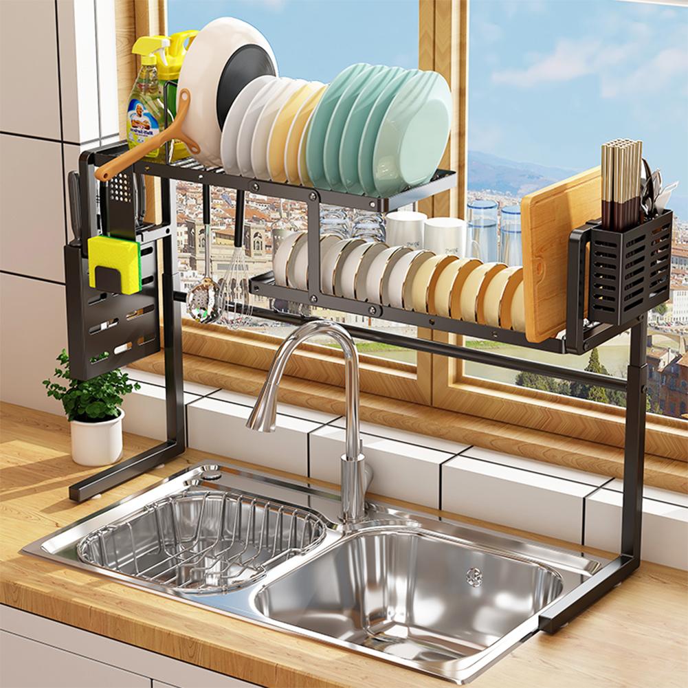 Stagger Over the Sink Dish Drying Rack Length Height Adjustable for Bowl Sink Thickened Carbon Steel Dish Drainer