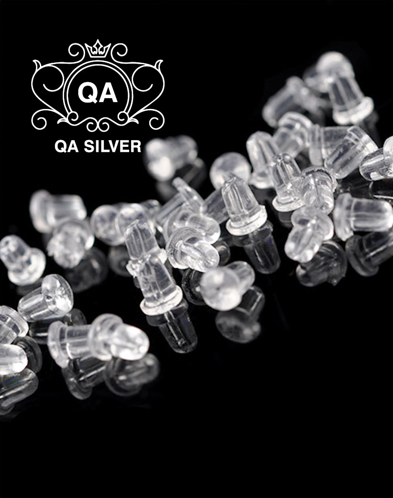 Chốt khuyên tai nhựa tròn trong suốt đế bông silicon cao su Bullet Earring Backs QA SILVER AC200604