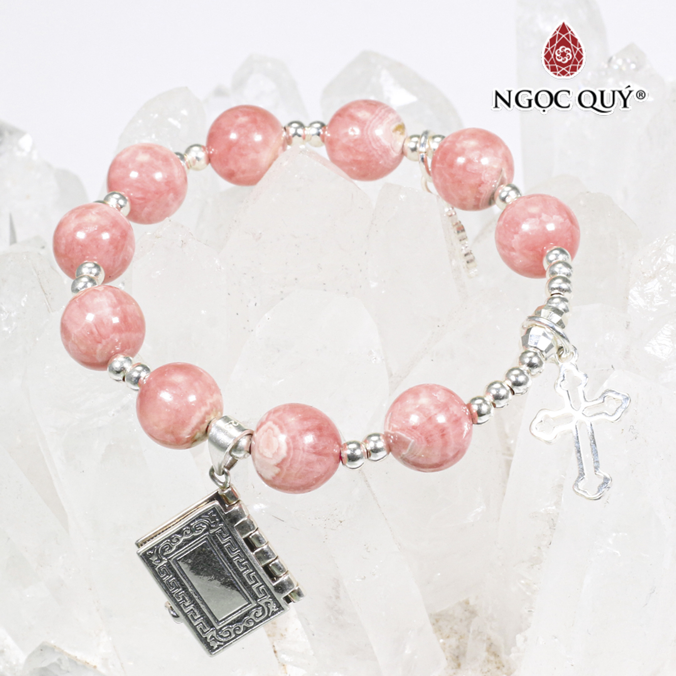Vòng tay mân côi đá đào hoa rhodochrosite charm thánh giá bạc mệnh hỏa , thổ - Ngọc Quý Gemstones