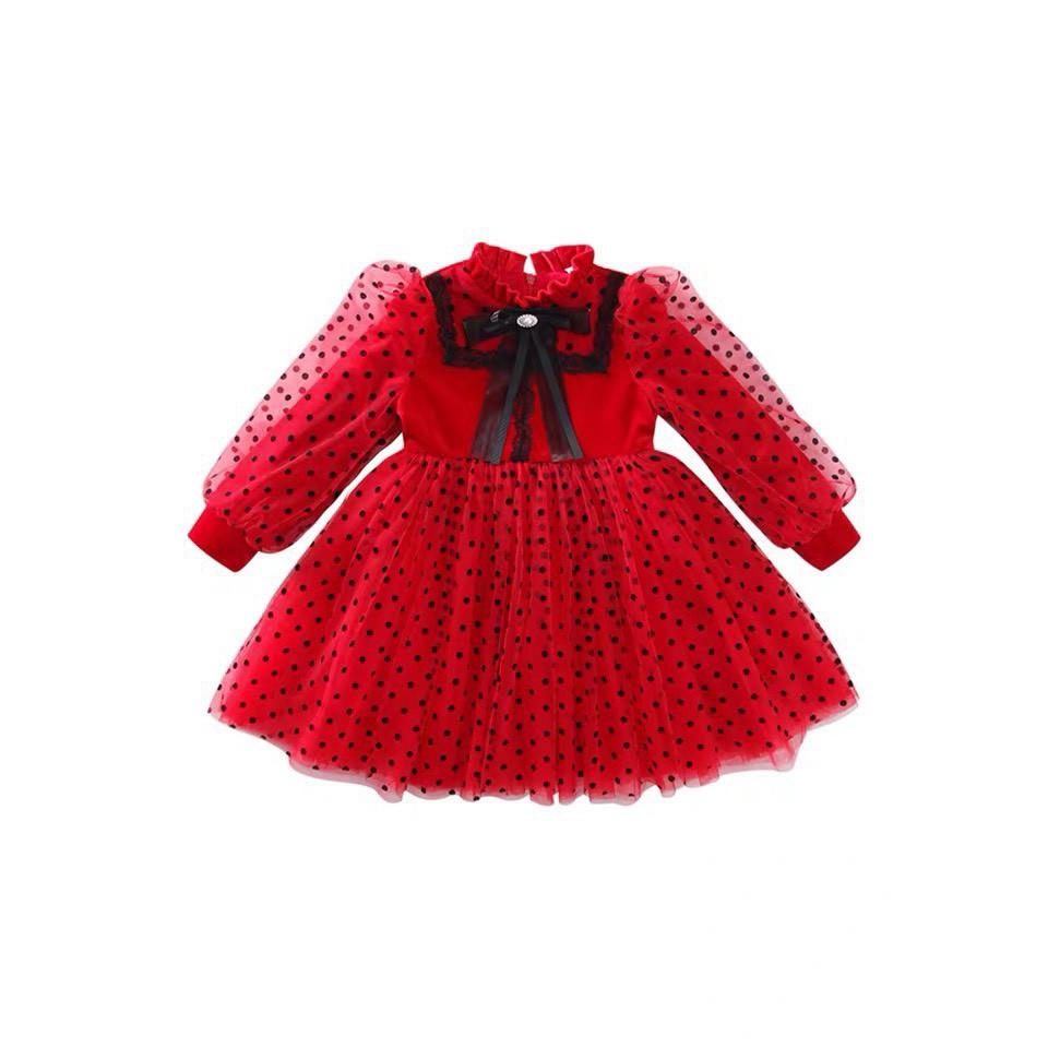 Đầm tết bé gái chấm bi ren đỏ SMS66