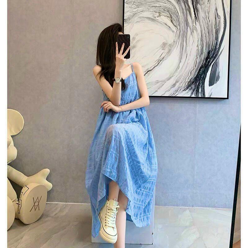 Đầm 2 dây màu xanh dương dáng xòe, Đầm maxi 2 dây dài Cao Cấp đính nút ngực, nữ tính quyến rũ MiNhi