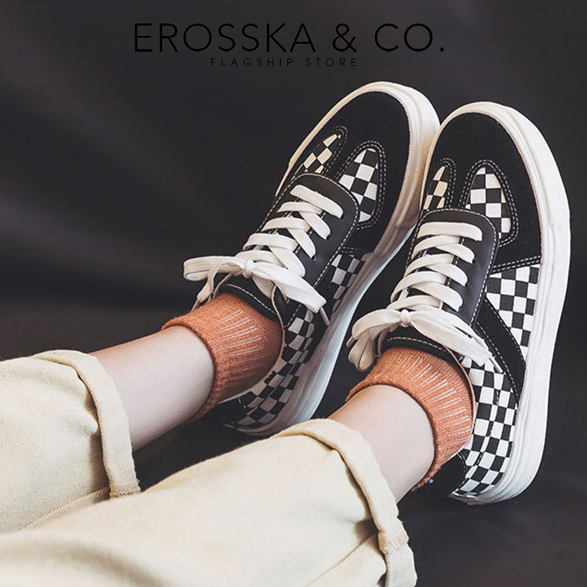 Erosska - Giày sneaker nữ đế dày mũi tròn hoạ tiết caro cá tính - GS019