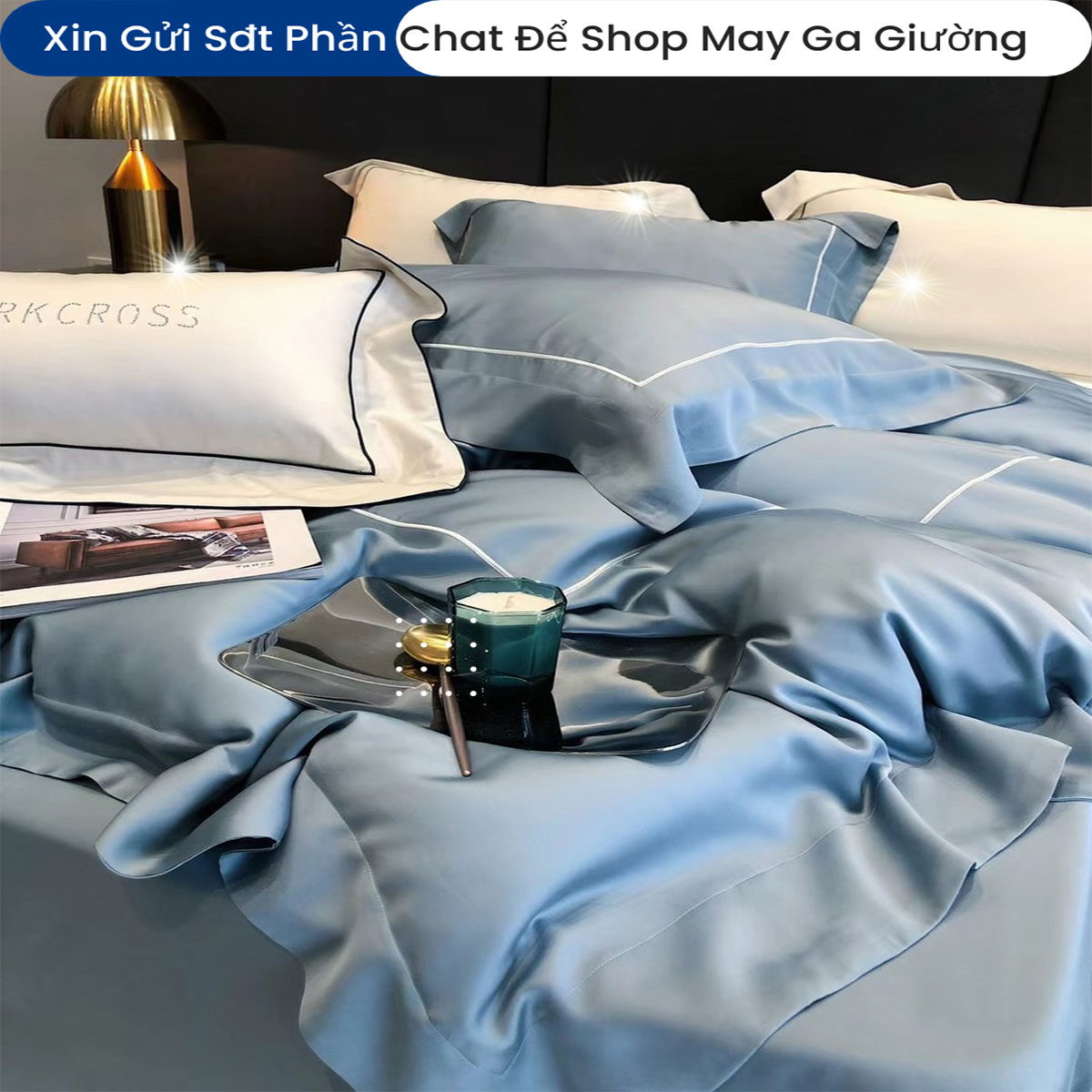Bộ Chăn Ga Gối Đệm Lụa Tencel 100s Mark Cross 5 Món Cao Cấp Chăn Chần Bông Lụa Mềm