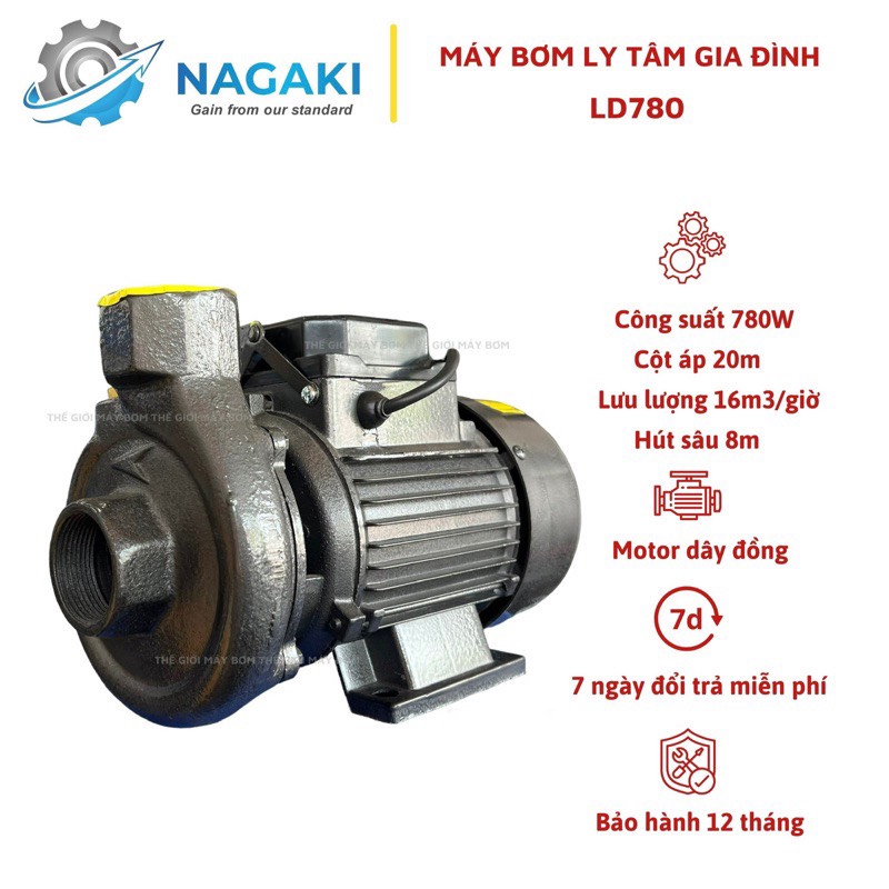 Máy bơm nước ly tâm 780W Nagaki LD780 - Bảo hành 1 năm