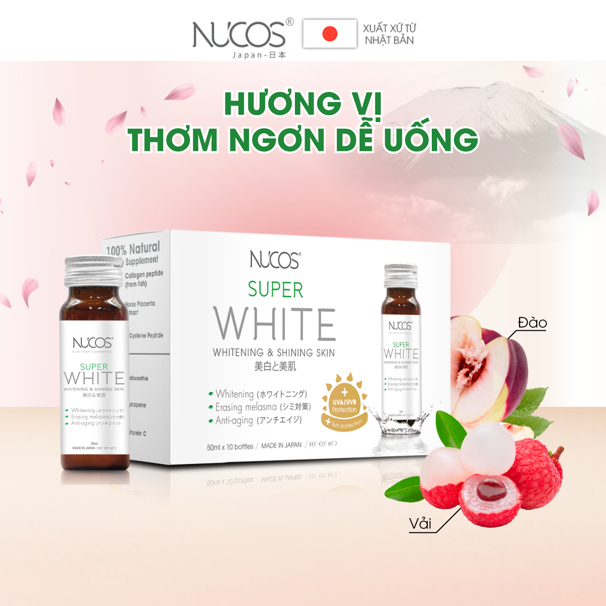 Combo 3 Hộp Collagen trắng da mờ thâm nám Nucos Super White 3x50mlx10chai