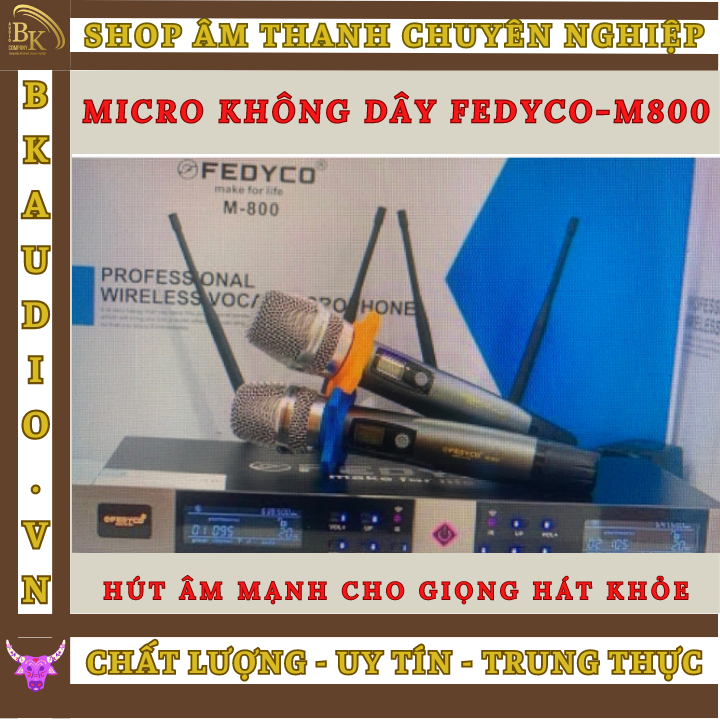 Mic không dây Fedyco M800. Hai tầng số UHF - chống lặp sóng , loại bỏ tạp âm . Mic hút mạnh . tầm hoạt động trên 100m.