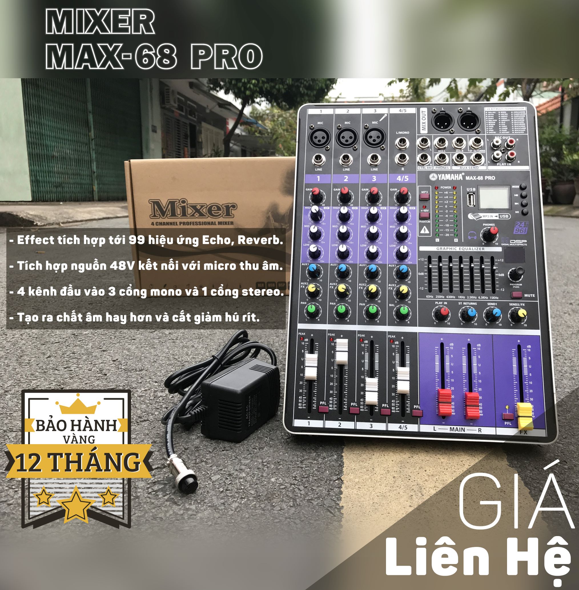 Bàn trộn âm thanh Mixer MAX 68 Pro - 99 hiệu ứng vang âm thanh chuẩn phòng thu, hát karaoke gia đình, live stream chuyên nghiệp - Bảo hành 12 tháng - Hàng chính hãng