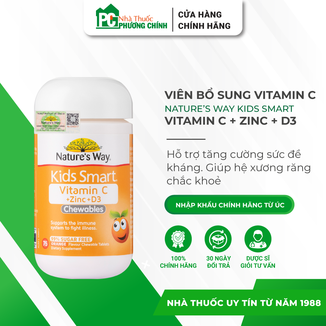 Viên Nhai Kids Smart Vitamin C + Zinc + D3 Nature's Way Giúp Bổ Sung Vitamin C, ZinC &amp; D3 Cho Bé (Chai 75 Viên)