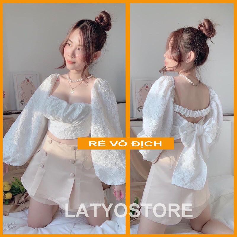 Áo croptop nữ hở lưng chất voan xốp mịn phong cách tiểu thư