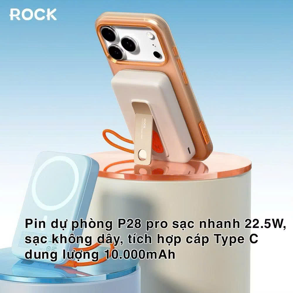 Pin sạc dự phòng không dây 10000mAh kiêm giá đỡ điện thoại Rockspace P28 Pro sạc nhanh 22.5W Magnetic Wireless tích hợp cáp - hàng chính hãng bảo hàng 12 tháng
