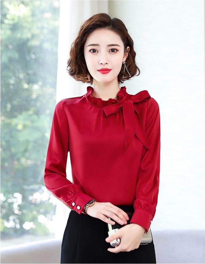 Áo Tay Dài Cổ Nhún Đính Nơ 3 Màu