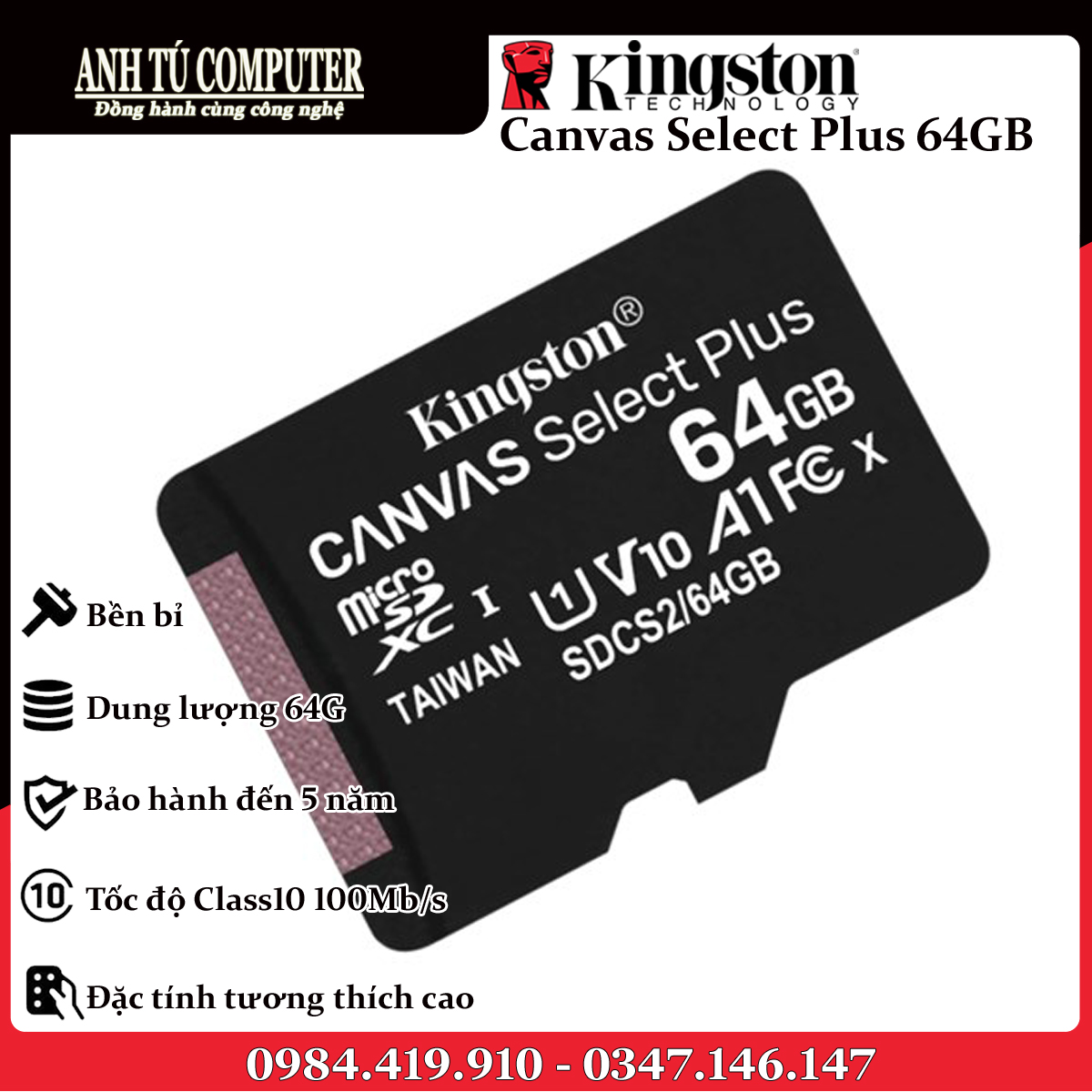 Thẻ Nhớ Kingston 64GB Micro SD Class 10 SDCS2/64GBSP hàng chính hãng