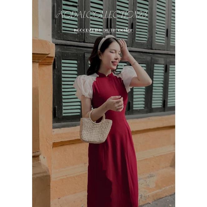 Áo dài tết nữ, áo dài cách tân màu đỏ tay phồng, hàng đẹp có đủ size từ S đến L, kiểu dáng đẹp, phom xinh tôn dáng