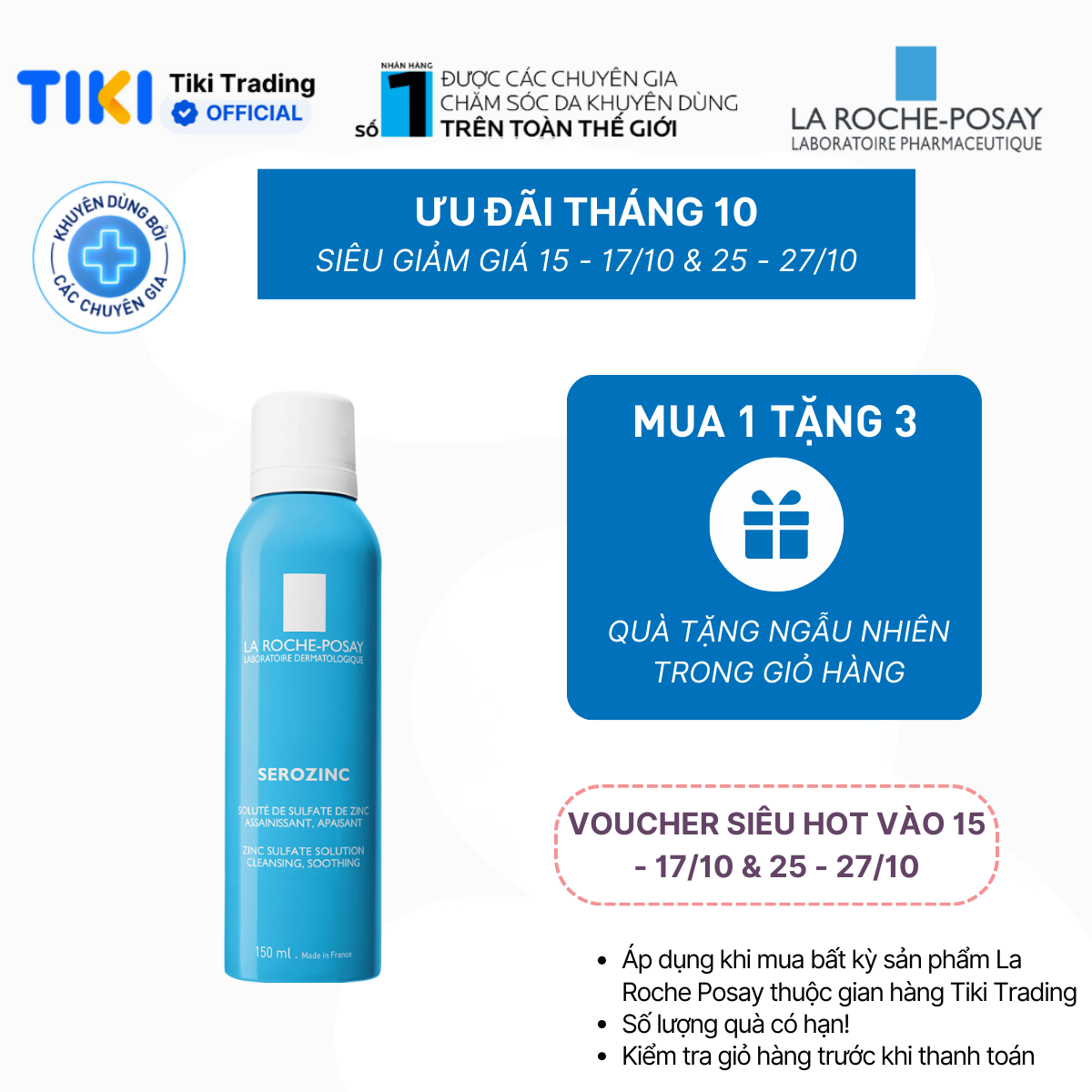 Xịt khoáng giúp làm sạch &amp; làm dịu cho da dầu mụn La Roche Posay Serozinc 150ml