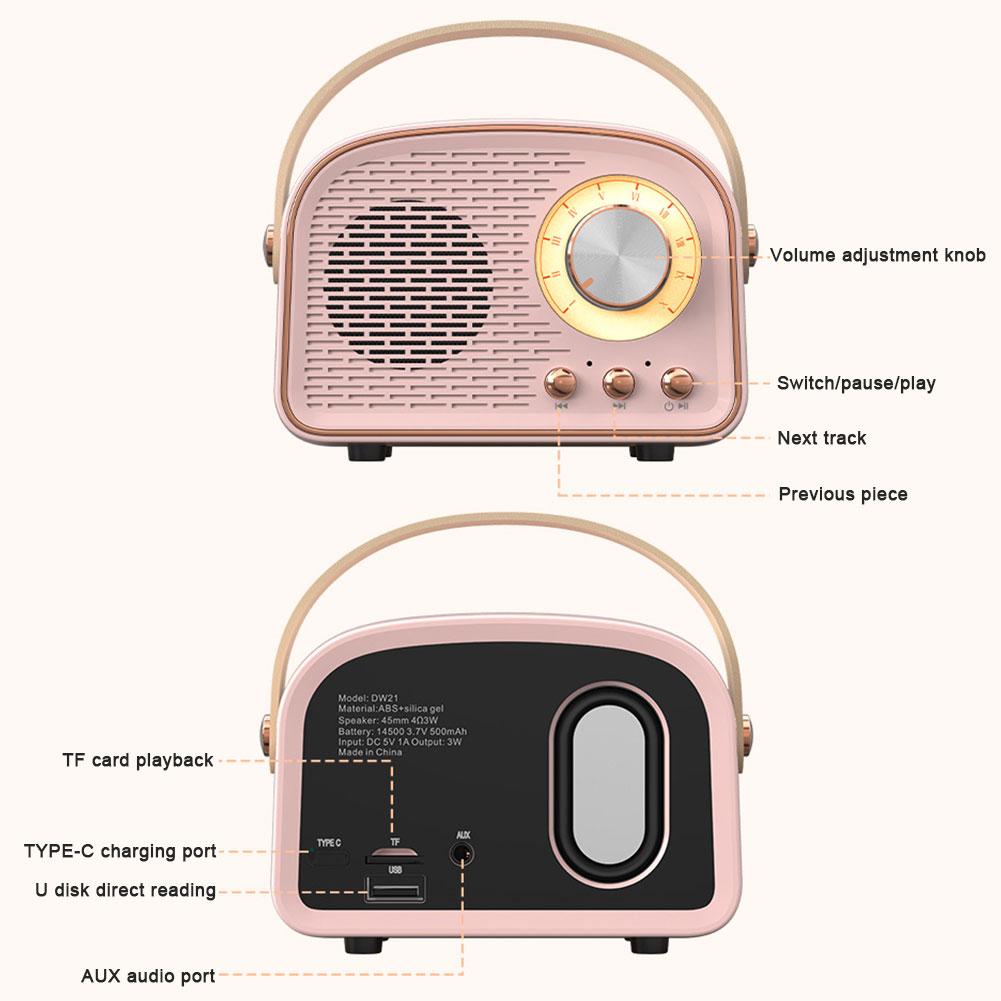 Nhựa có tay cầm thời trang cũ retro bluetooth tương thích 5.0 loa không dây máy nghe nhạc di động loa cổ điển mini loa cổ điển Color: Pink