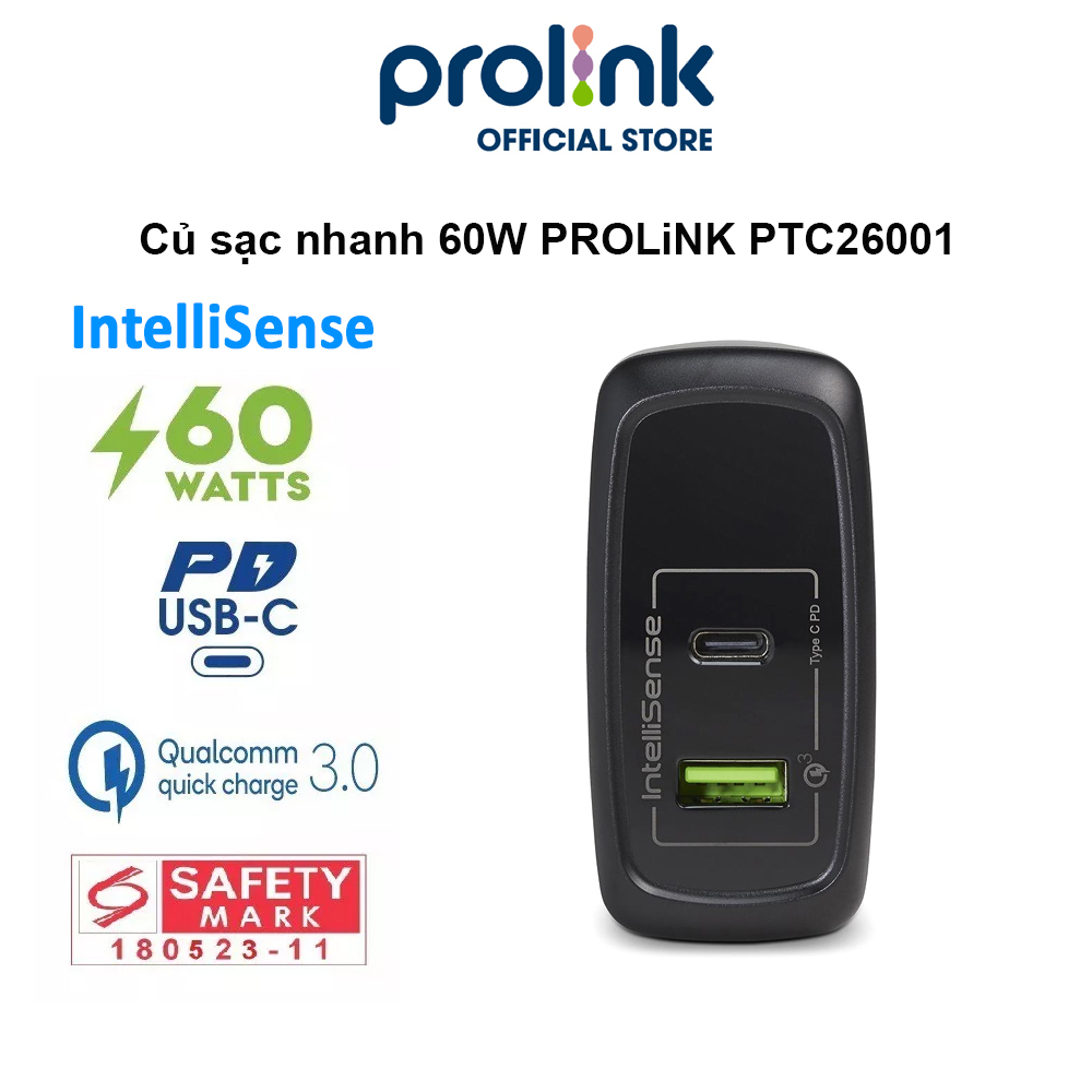 Hình ảnh Củ sạc nhanh 60W PROLiNK PTC26001, 2 cổng USB-A QC 3.0 & USB-C PD 3.0, IntelliSense, dùng cho điện thoại, iPad, Laptop - Hàng chính hãng