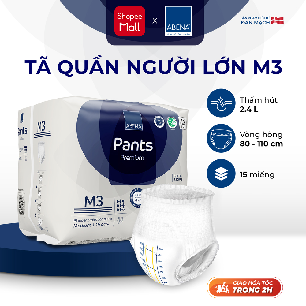 Tã quần người lớn Abena Pants Premium M3  gói 15 miếng thấm hút 2.400ml - Nhập khẩu Đan Mạch