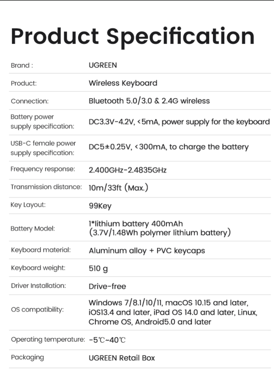 Bàn phím không dây Bluetooth + 2.4Ghz kết nối tối đa 4 thiết bị Ugreen 15258 cao cấp - Hàng chính hãng