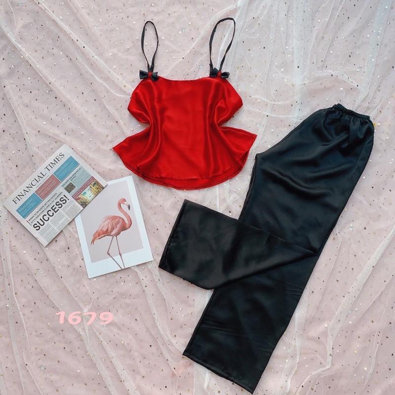 Đồ ngủ sexy - Đồ ngủ sexy lụa satin hai dây quần dài Freesize dưới 60kg-DN015