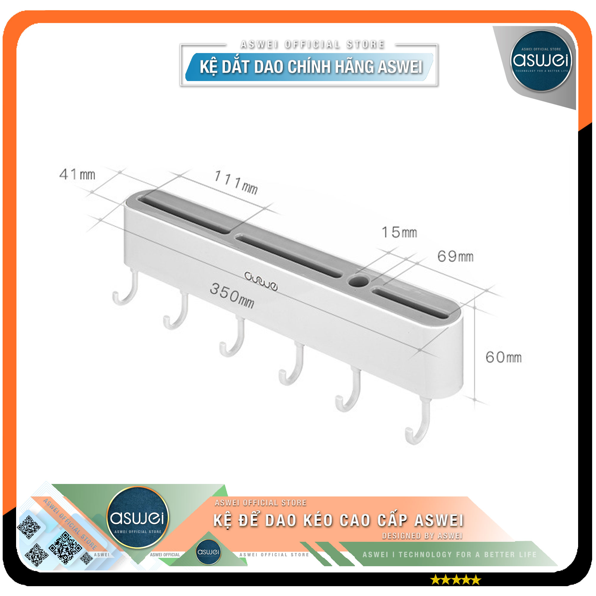 Giá Dắt Dao ASWEI Chính Hãng - Kệ Giá Để Dao Kéo Nhà Bếp Dán Tường Tiện Lợi - Chất Liệu ABS Cao Cấp - Phong Cách Bắc Âu