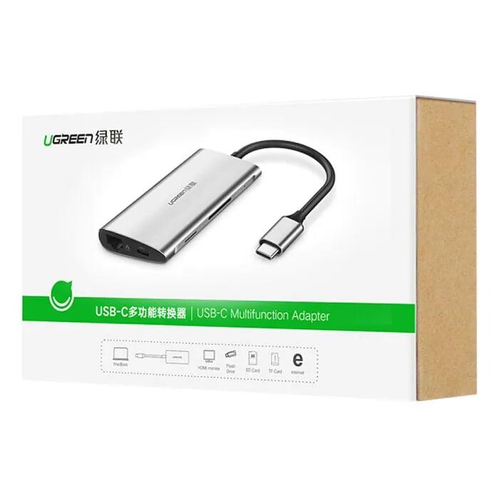 Ugreen UG50516CM121TK 15CM màu Bạc Bộ chuyển đổi TYPE C sang 3 USB 3.0 + HDMI + LAN + TF SD + nguồn TYPE C vỏ nhôm - HÀNG CHÍNH HÃNG