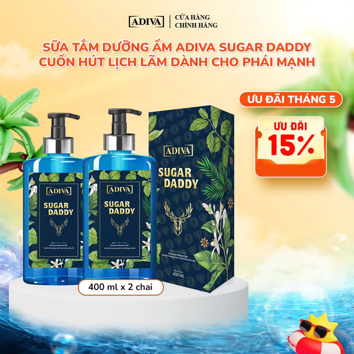 Combo 2 Chai Sữa Tắm Dưỡng Ẩm Hương Nước Hoa Kháng Khuẩn Cho Nam ADIVA Sugar Daaddy (400ml/Chai)