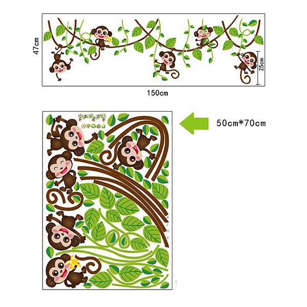 Decal Dán Tường Khỉ Con Đu Dây - 2 Bộ