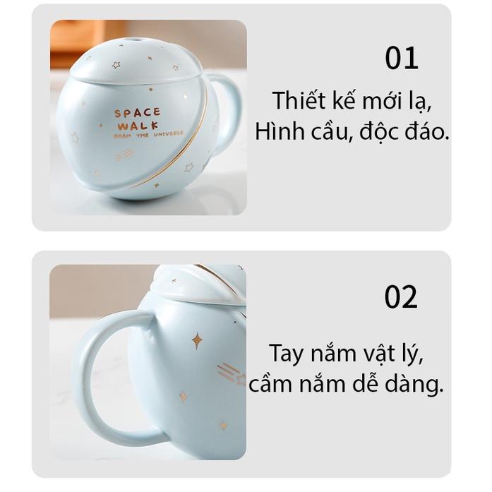 (Hàng Đẹp + Sẳn) Ly Gốm Sứ Dà du hành không gian, có nắp và thìa 400ml, Thiết kế sáng tạo đáng yêu.