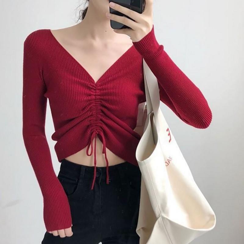 Áo Len Tay Dài Cổ Chữ V Dây Rút