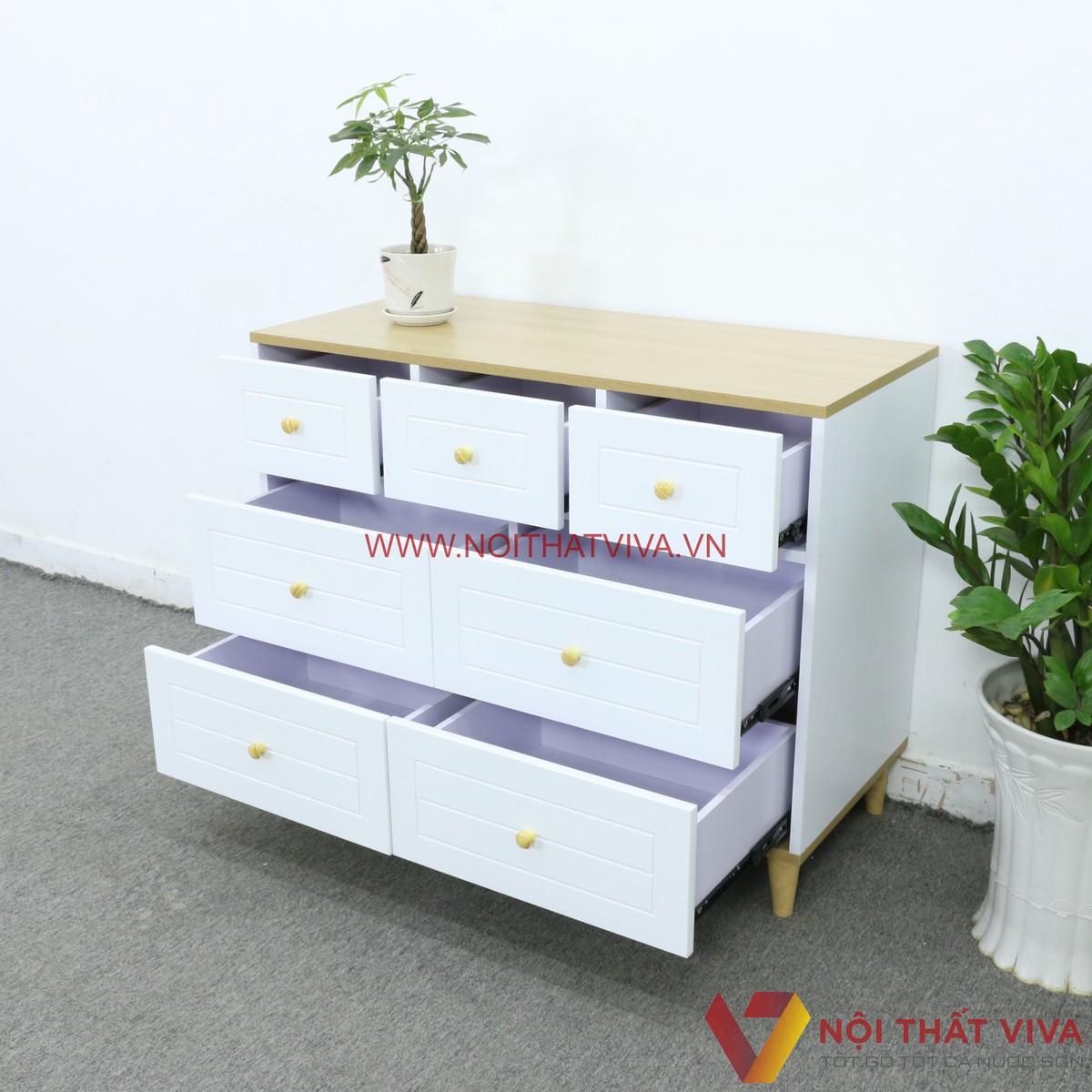 Tủ Quần Áo Trẻ Em Bằng Gỗ MDF Chân Cao Màu Vàng Phối Trắng Có 7 Hộc Kéo