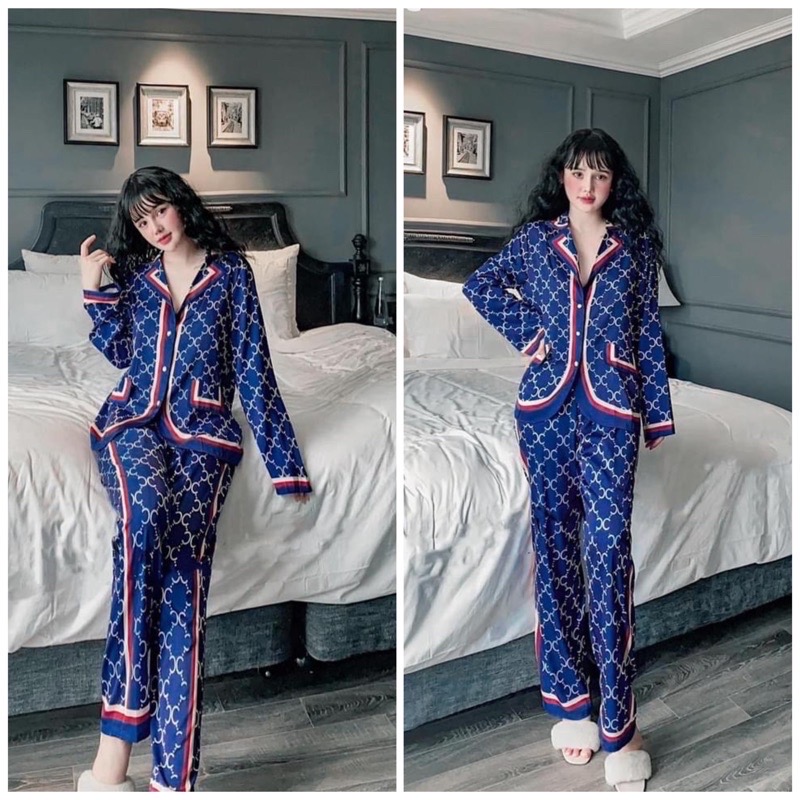 Bộ pijama lụa latin tay dài Cao Cấp - Bộ đồ ngủ GC Xanh thoáng mát, sang chảnh