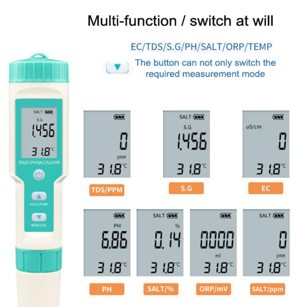 Máy kiểm tra chất lượng nước cầm tay cầm tay 7 trong 1 PH Tổng chất rắn hòa tan EC ORP Độ mặn SG Kiểm tra nhiệt độ IP67 Chống nước ℃/℉ Chuyển đổi đơn vị Bù nhiệt độ tự động