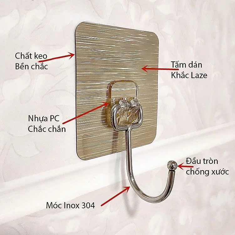 COMBO 10 Móc Dán Tường Inox 304 Loại 1 Chân Chịu Lực Đến 20kg Kèm Miếng Dán Tráng Bạc Siêu Dính, Móc Dán Chịu Lực Loại Tốt