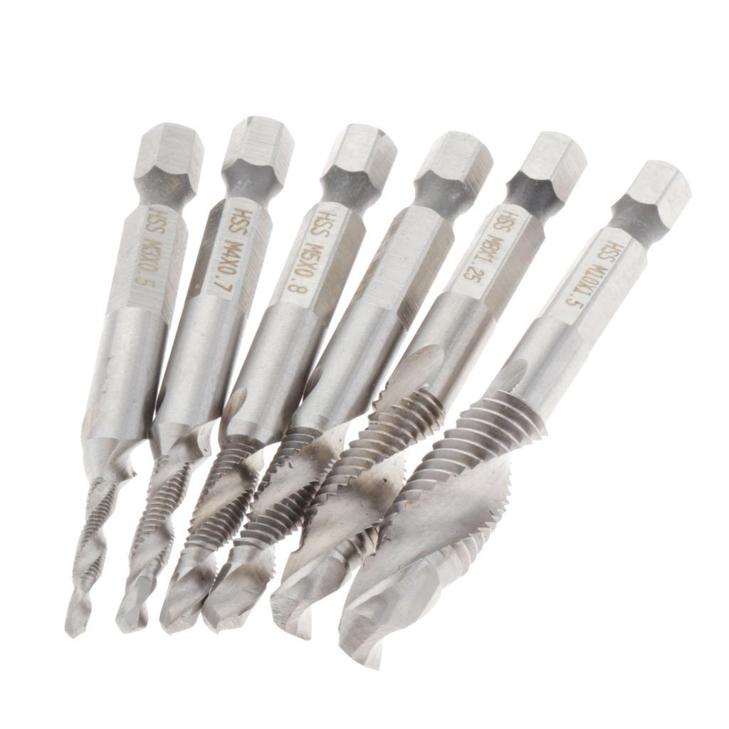 Set of 6 HSS Steel Combination Drill and Tap Bit Set with 1/4 inch Hex Shank - Metric M3 M4 M5 M6 M7 M8 M10