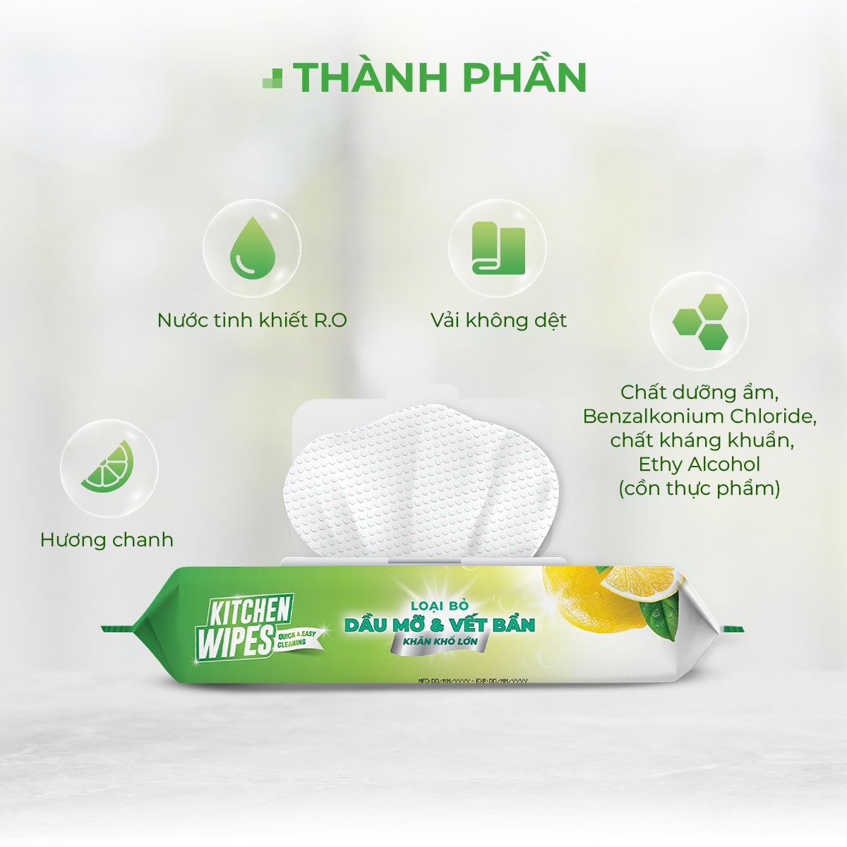 Khăn giấy ướt lau bếp Ecowipes khổ lớn 30x20 cm Kitchen Wipes gói 42 tờ loại bỏ dầu mỡ và vết bẩn nhanh chóng