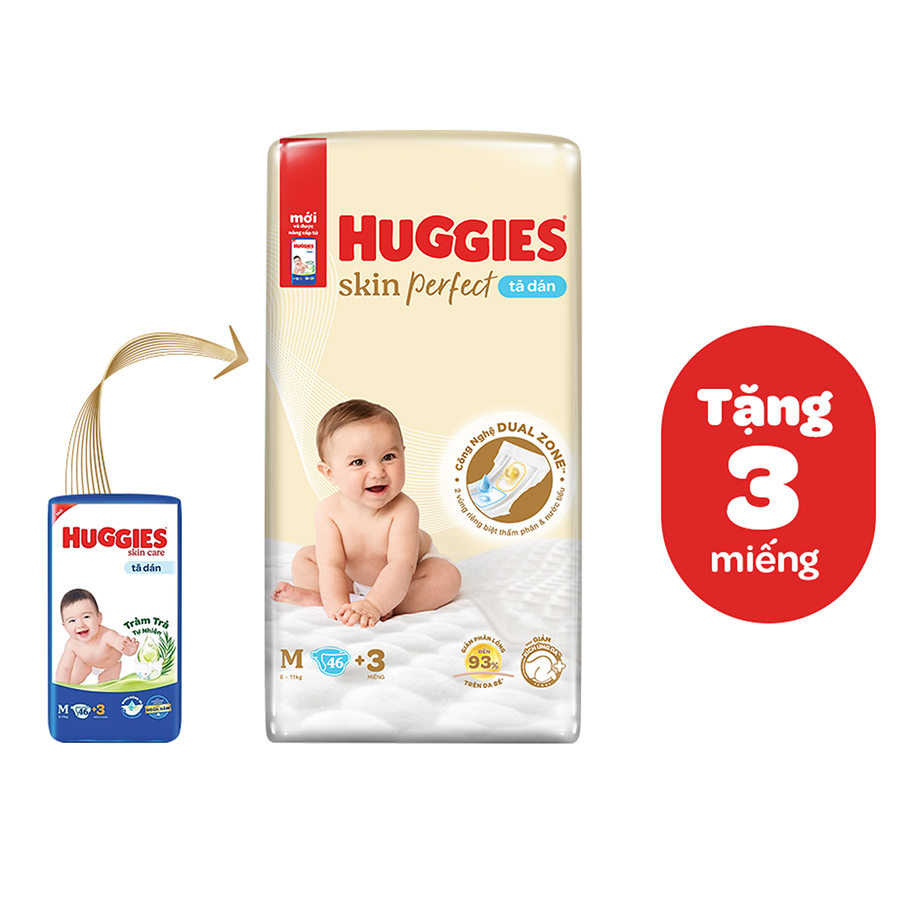 Tã/bỉm dán sơ sinh Huggies Skin Perfect M 46+3 miếng với 2 vùng thấm giảm kích ứng da