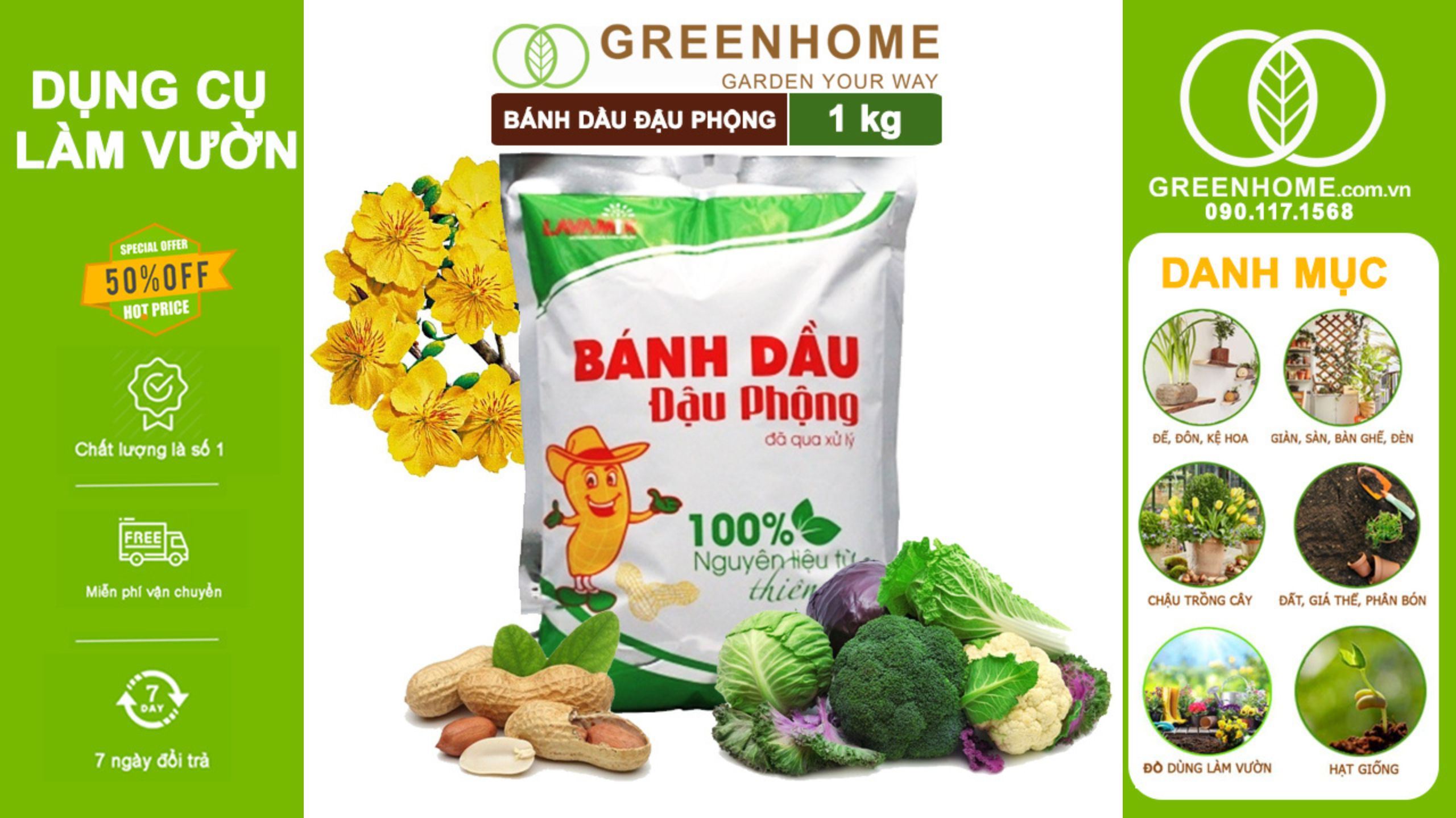 Bánh dầu đậu phộng Lavamix 1kg, phân bón hữu cơ cho cây cảnh, hoa, rau, củ, quả