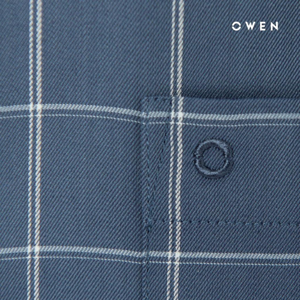 OWEN - Áo Sơ mi ngắn tay Owen vạt ngang chất sợi tre xanh ghi kẻ ô 230131