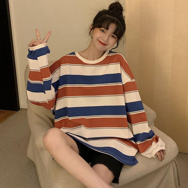 Áo Thun Dài Tay Dáng Rộng Với Họa Tiết Sọc Ngang Xinh Xắn Dành Cho Các Cặp Đôi