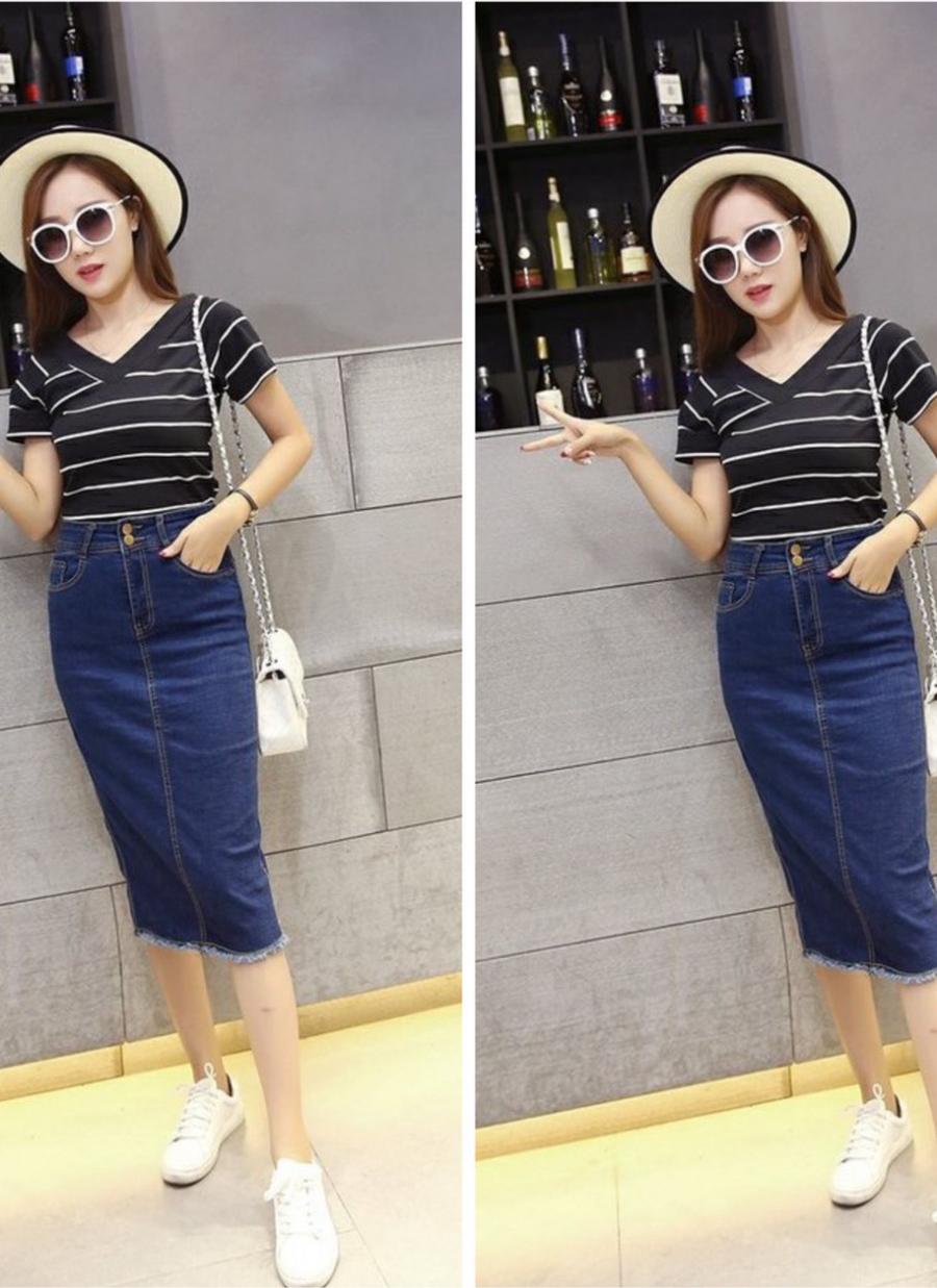 CHÂN VÁY JEAN DÀI BIG SIZE LƯNG CAO CO GIÃN MẠNH DÀI DƯỚI GỐI MÀU XANH ĐEN - DƯỚI GỐI - 32
