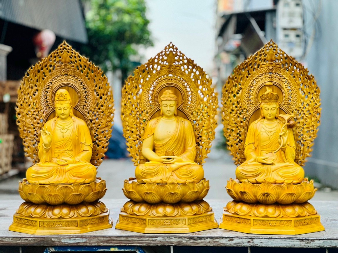 Bộ Tượng phật tây phương tam thánh bằng gỗ gõ vàng kt 90×48×48cm
