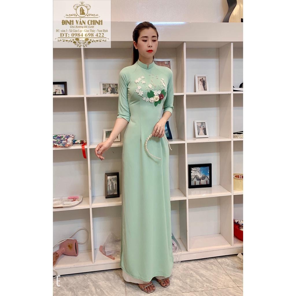 Áo dài truyền thống thiết kế hoa nổi đính ngược lụa mỹ cao cấp