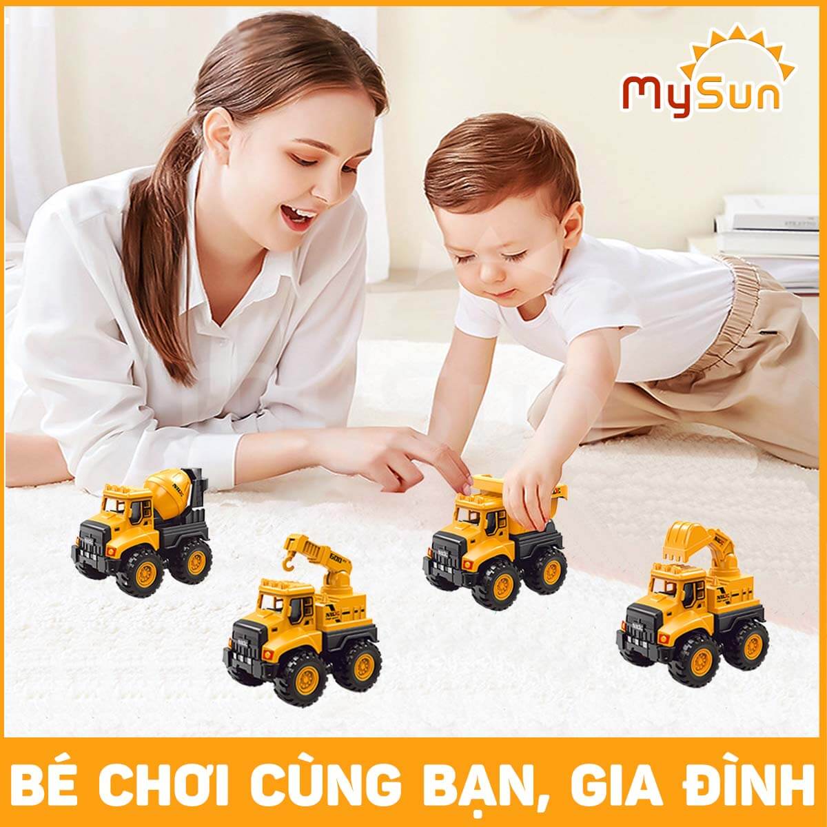 Bộ xe đồ chơi CÔNG TRÌNH cho bé trai mô hình Cần cẩu, Xe Ben, Xe Tải, Trộn bê tông – MySun