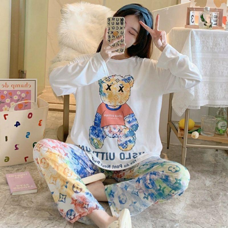 Đồ bộ nữ tay dài in hình họa tiết dễ thương,phù hợp mang mùa thu đông