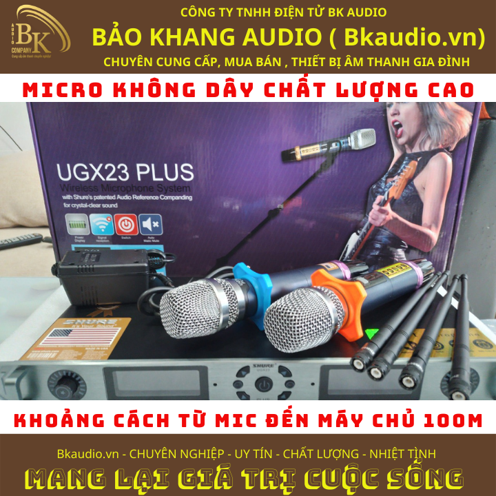 Micro không dây cầm tay UGX23-SHURE. Hai tầng số UHF riêng biệt loại bỏ tạp âm. Phạm vi hoạt động tốt dưới 150m. MSP: SPM-10