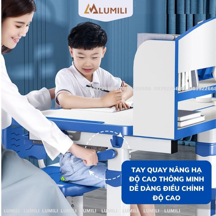Bàn học có giá sách cho bé Lumili M8 chống gù chống cận, kèm kệ sách, phù hợp cho học sinh tiểu học